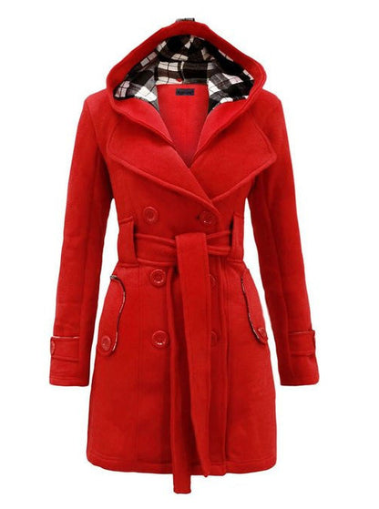 Women's Plaid Hooded Woolen Belt Double-breasted Long Coats