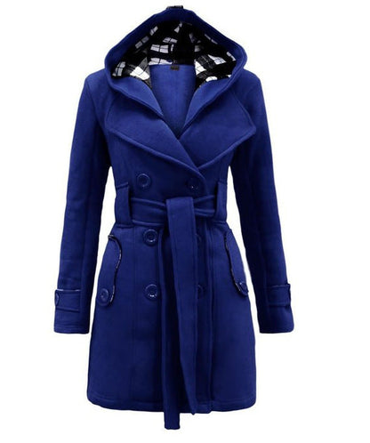 Women's Plaid Hooded Woolen Belt Double-breasted Long Coats
