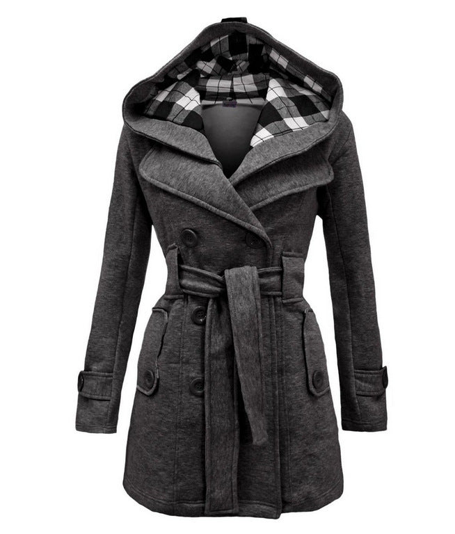 Women's Plaid Hooded Woolen Belt Double-breasted Long Coats