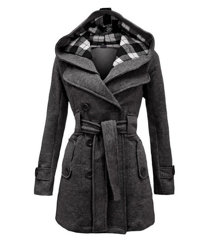 Women's Plaid Hooded Woolen Belt Double-breasted Long Coats