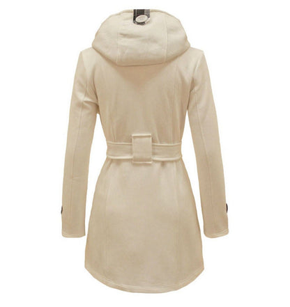 Women's Plaid Hooded Woolen Belt Double-breasted Long Coats