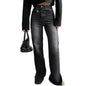 High-waisted, Slightly Flared, Washed Denim Jeans With A Slanted Waistband