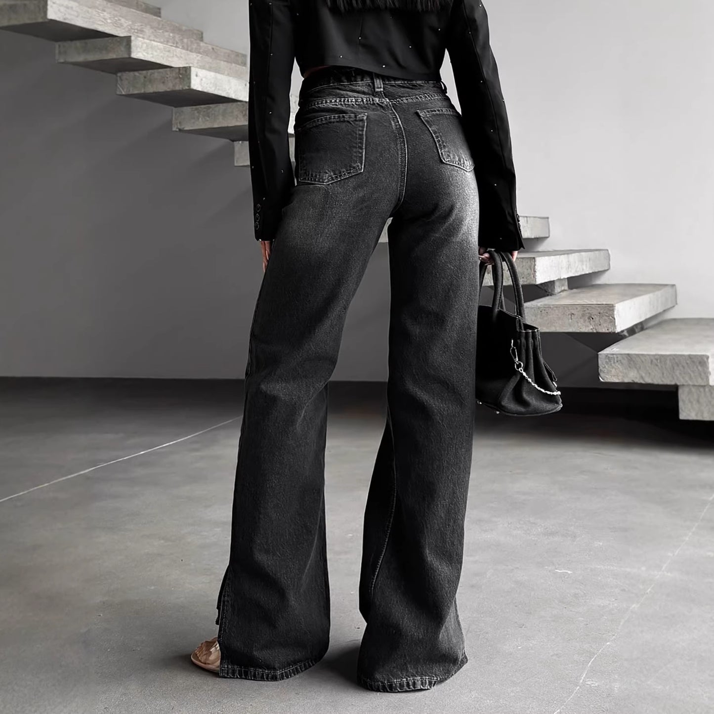High-waisted, Slightly Flared, Washed Denim Jeans With A Slanted Waistband