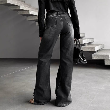 High-waisted, Slightly Flared, Washed Denim Jeans With A Slanted Waistband