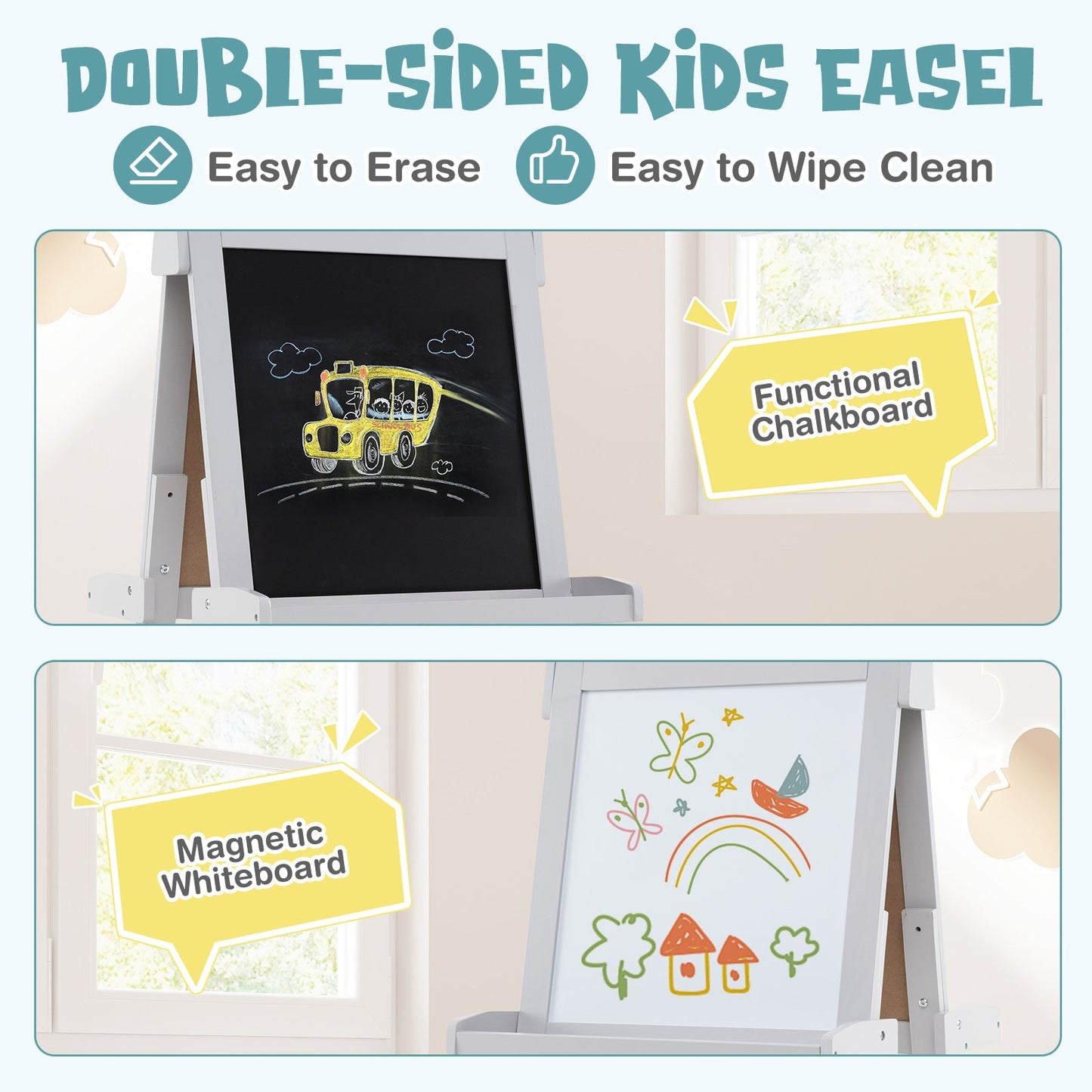3-in-1 Double-sided Art Easel with Chalkboard and Magnetic Whiteboard