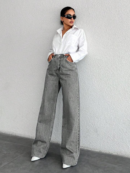 Silver-gray Straight-leg Womens Springfall Denim Jeans With A Draped Versatile Fit High Waist And Slimming Effect