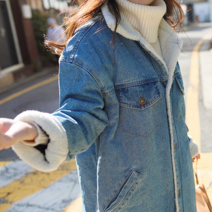 Women's Lamb Wool Denim Mid-length Fleece-lined Thick Plus Size