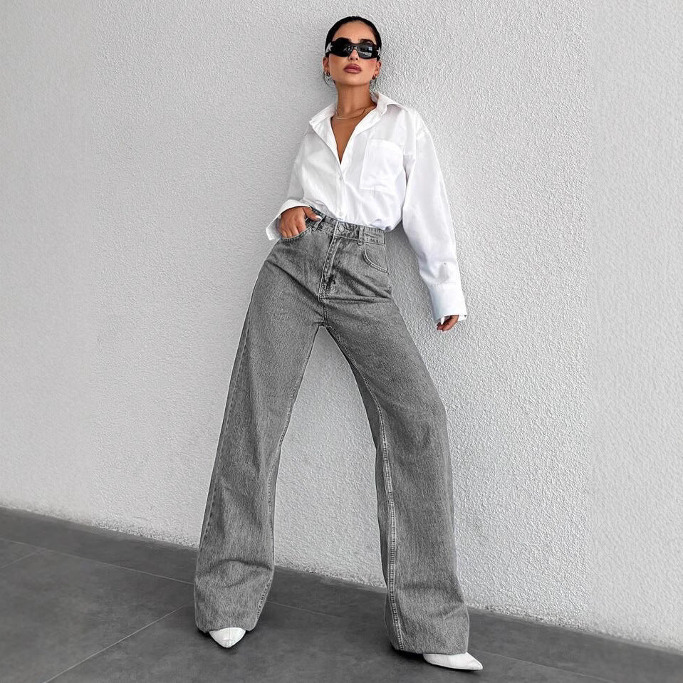 Silver-gray Straight-leg Womens Springfall Denim Jeans With A Draped Versatile Fit High Waist And Slimming Effect