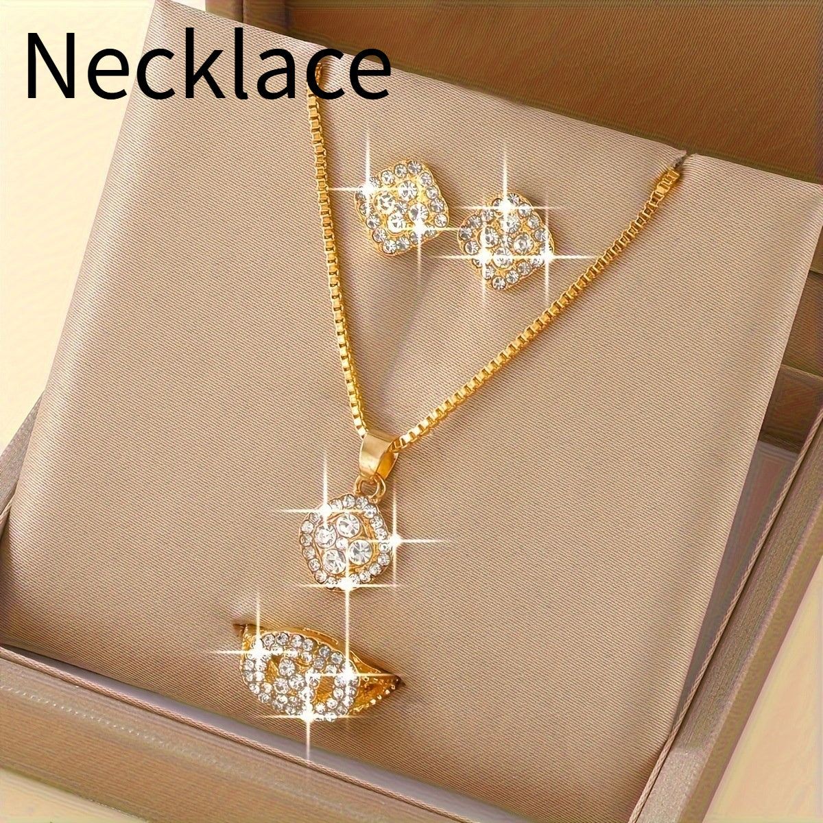 Light Luxury Diamond All-match Necklace Ring Three-piece Earrings Set