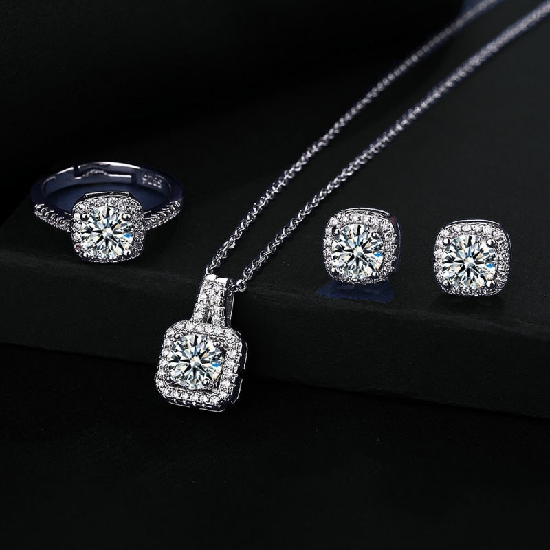 Square Bag Diamond Necklace Rings Ear Studs Suit