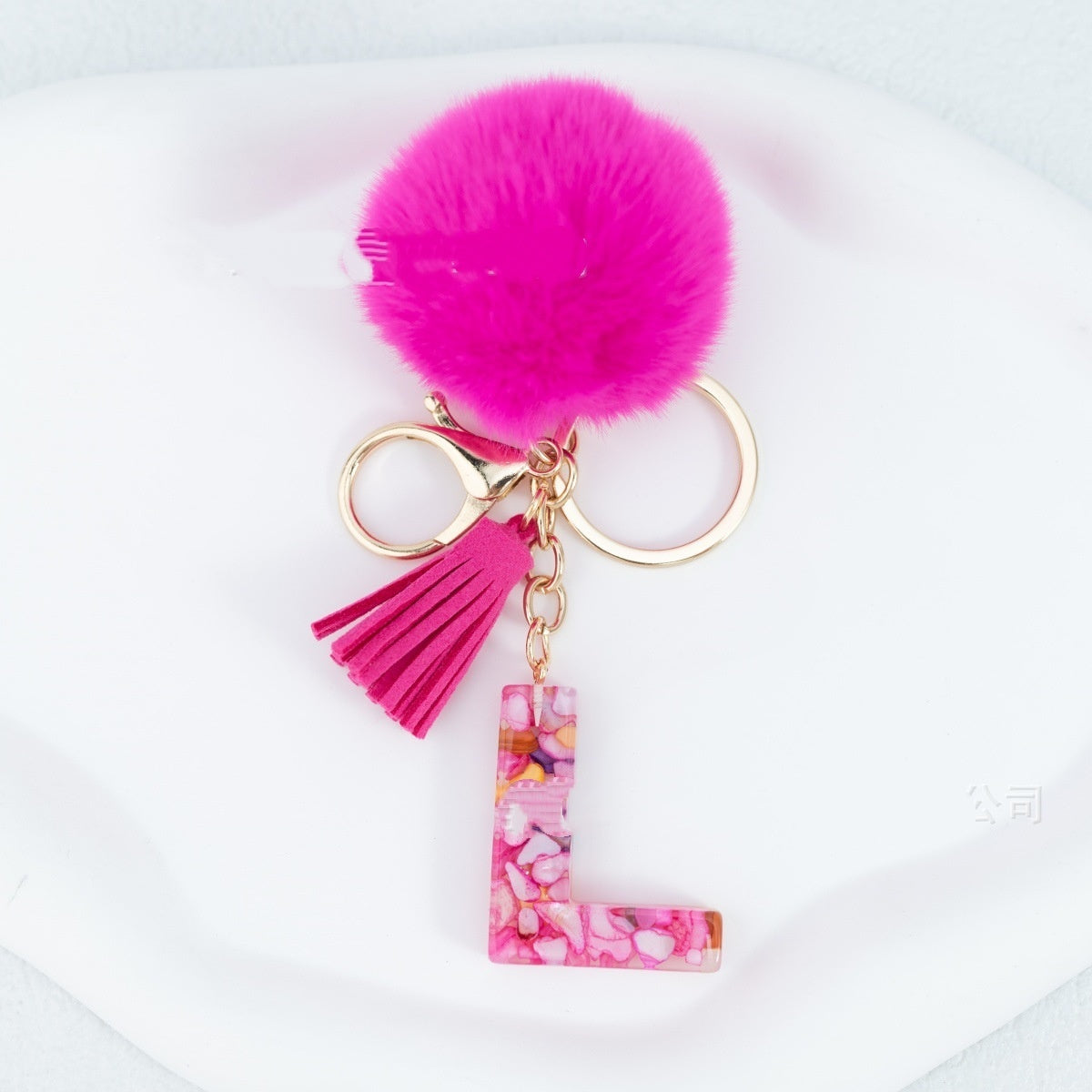 Rose Red Stone 26 English Letters Keychain Fur Ball Tassel Key Bag Pendant