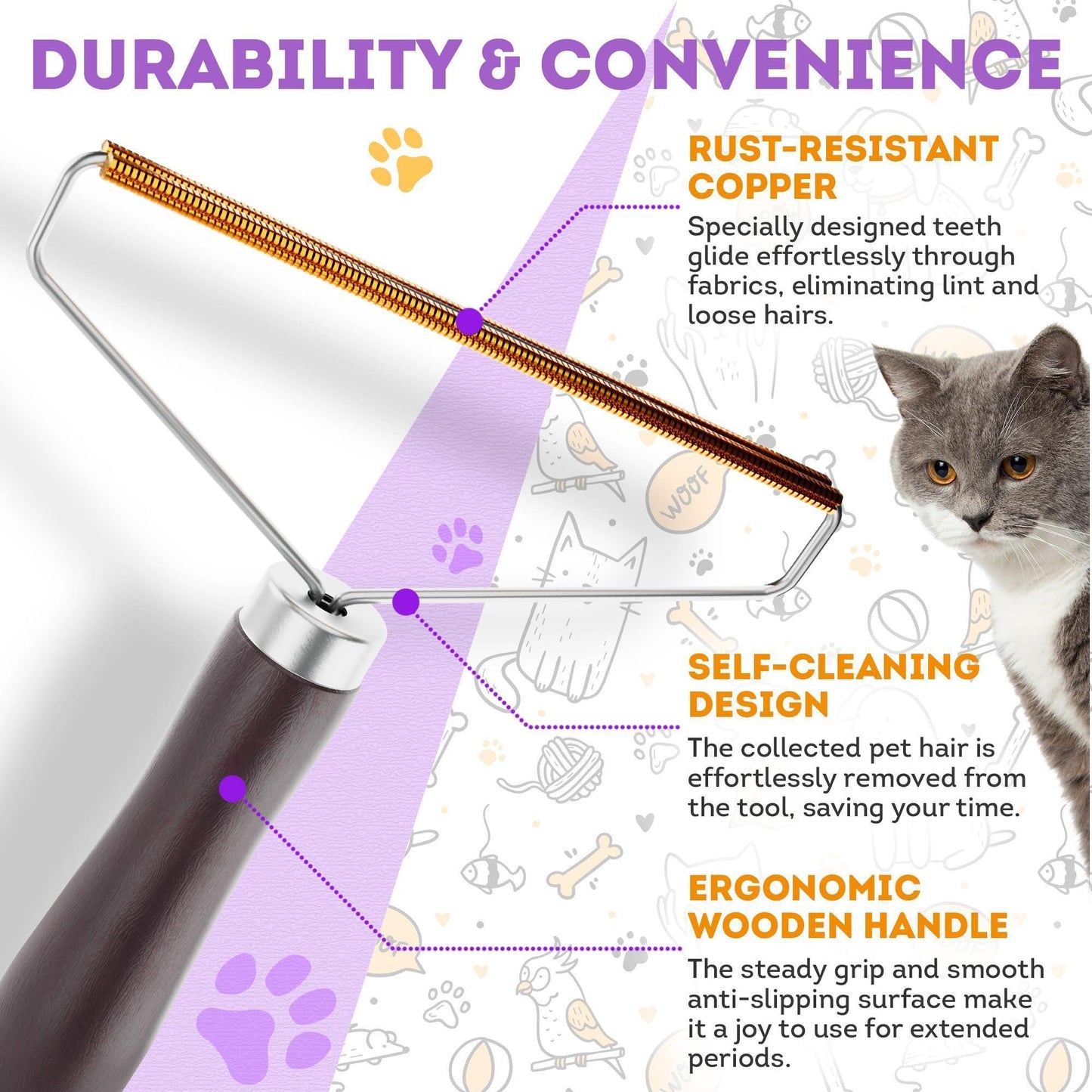 Pet Hair Remover for Furniture Cat and Dog Fur Remover Tool Reusable Lint Cleaner with Copper Teeth Cutters and Wooden Handle Metal Pet Hair Removal Tool for Carpet Portable Couch Cleaner