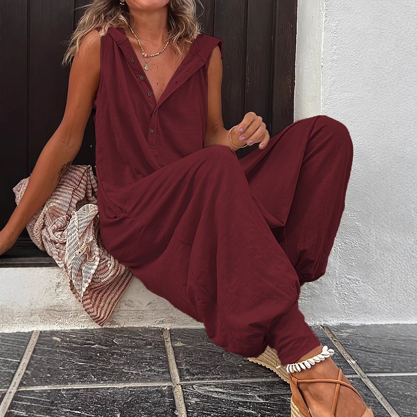 Women's Casual Sleeveless Hooded Long Jumpsuit With Drawstring Ankle Cuffs