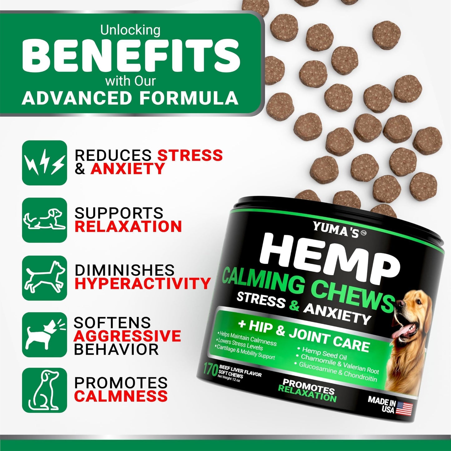 Hemp Calming Chews for Dogs   Advanced Dog Calming Chews   170 Treats   Anxiety Relief Treats   Hemp Oil   Separation Aid Stress Hip and Joint Supplement for Canine Health Support   Beef Flavor