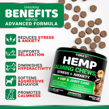 Hemp Calming Chews for Dogs   Advanced Dog Calming Chews   170 Treats   Anxiety Relief Treats   Hemp Oil   Separation Aid Stress Hip and Joint Supplement for Canine Health Support   Beef Flavor