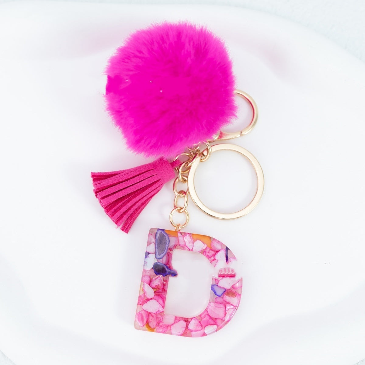 Rose Red Stone 26 English Letters Keychain Fur Ball Tassel Key Bag Pendant