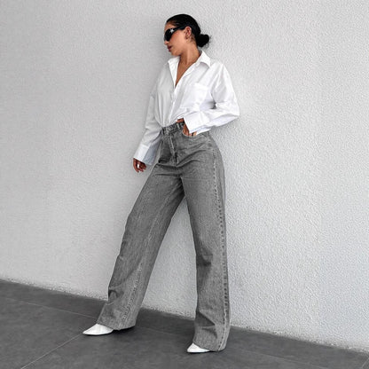 Silver-gray Straight-leg Womens Springfall Denim Jeans With A Draped Versatile Fit High Waist And Slimming Effect