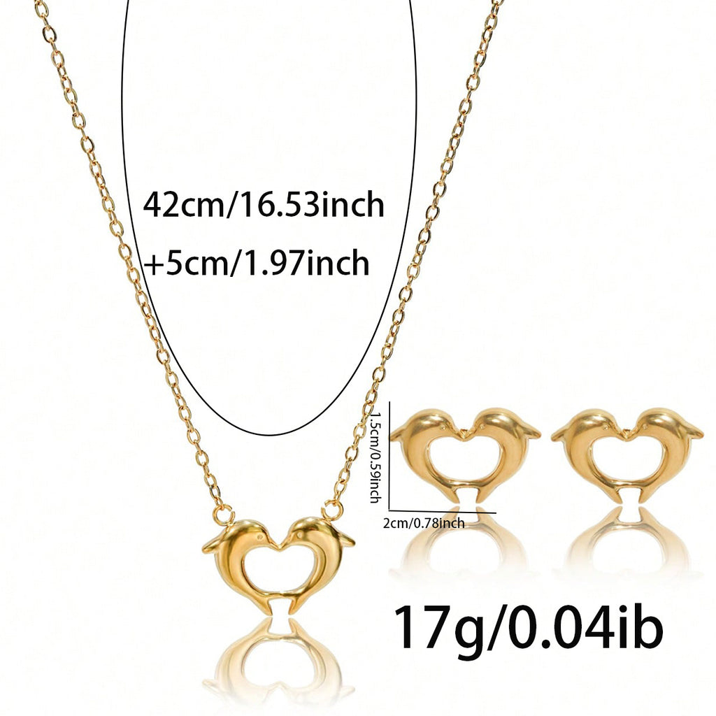 Lxalry 18K Gold Plated Stainless Steel Dolphin Heart Necklace & Earrings Set - Elegant Gift Jewelry, Waterproof & Hypoallergenic, Ideal For Birthday, Anniversary, Valentine's Day & Daily Wear
