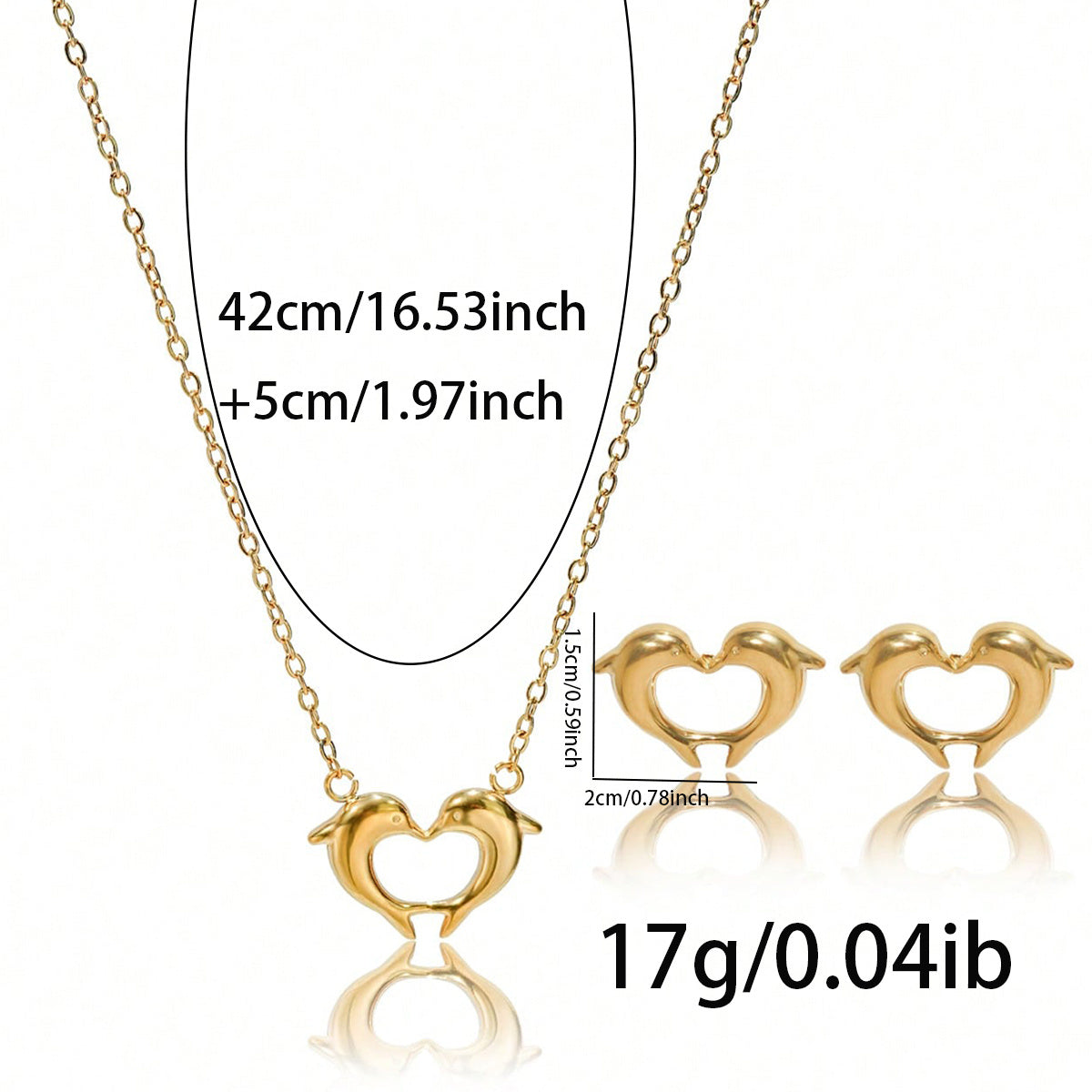 Lxalry 18K Gold Plated Stainless Steel Dolphin Heart Necklace & Earrings Set - Elegant Gift Jewelry, Waterproof & Hypoallergenic, Ideal For Birthday, Anniversary, Valentine's Day & Daily Wear