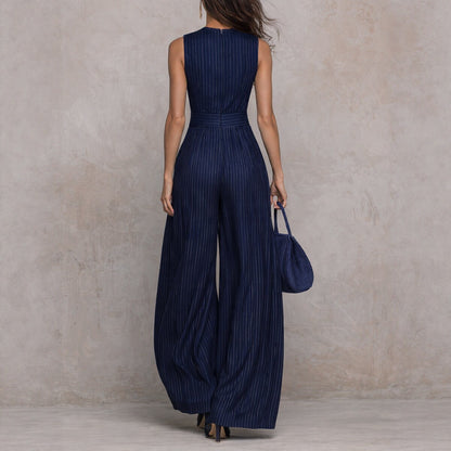Deep Blue Striped Sleeveless Waist-Cinched Wide-Leg Jumpsuit