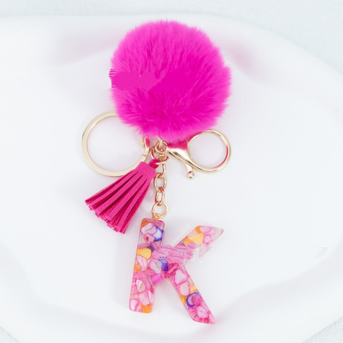 Rose Red Stone 26 English Letters Keychain Fur Ball Tassel Key Bag Pendant