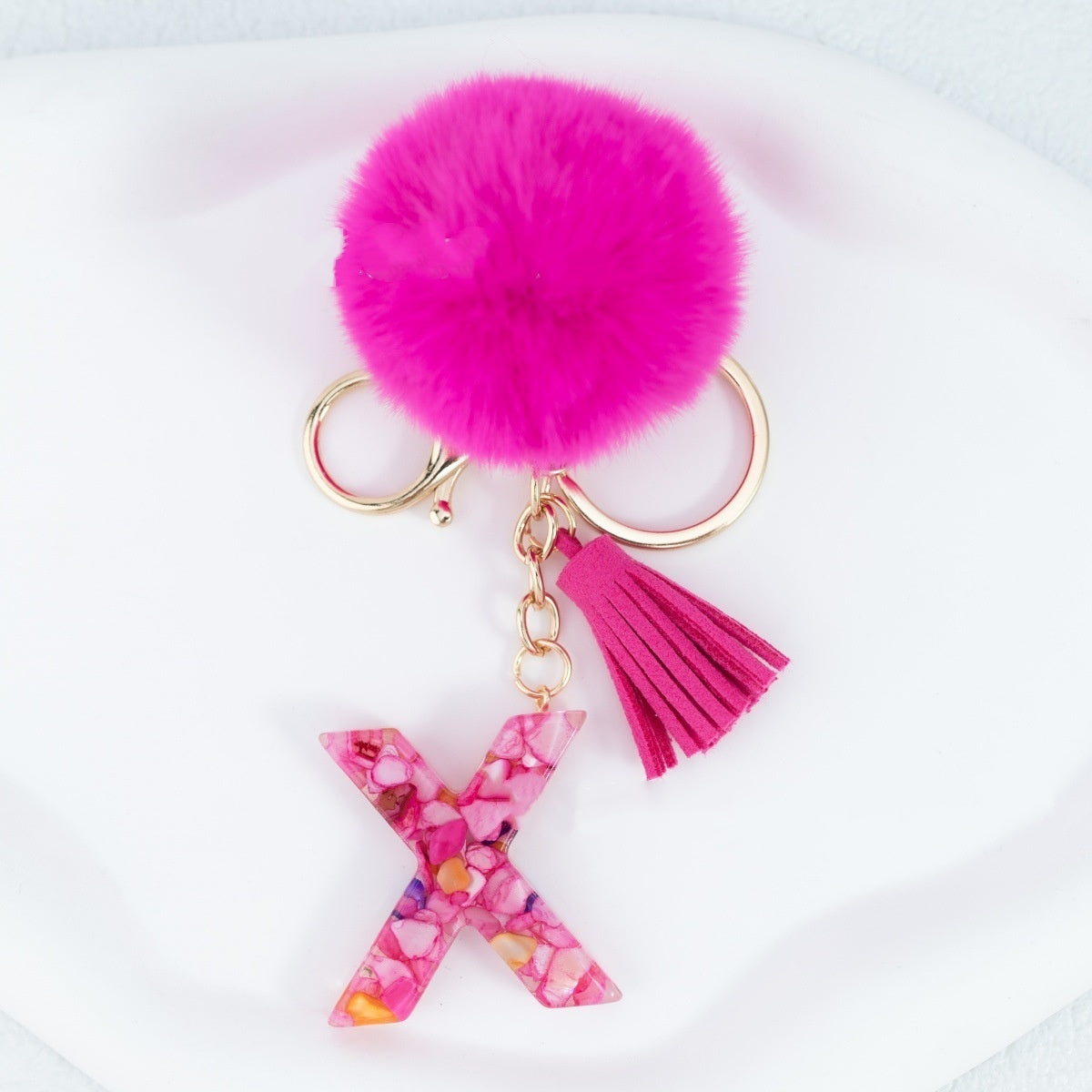 Rose Red Stone 26 English Letters Keychain Fur Ball Tassel Key Bag Pendant