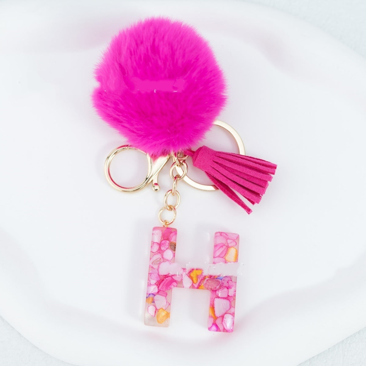 Rose Red Stone 26 English Letters Keychain Fur Ball Tassel Key Bag Pendant