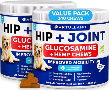 Hemp Hip and Joint Supplement for Dogs   Glucosamine for Dogs Joint Pain Relief   MSM   Mobility Support   Hemp Chews with Chondroitin   Canine Cartilage Health   240 Chewable Soft Treats (2 Pack)