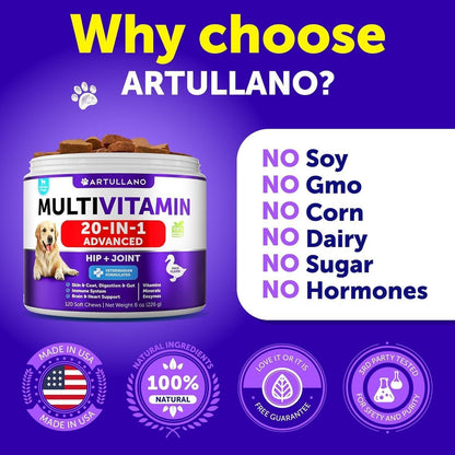 Dog Multivitamin Chewable with Glucosamine 26 in 1 Dog Vitamins and Supplements Senior & Puppy Multivitamin for Dogs Pet Joint Support Health Immunity Mobility Gut Skin 120 Chews
