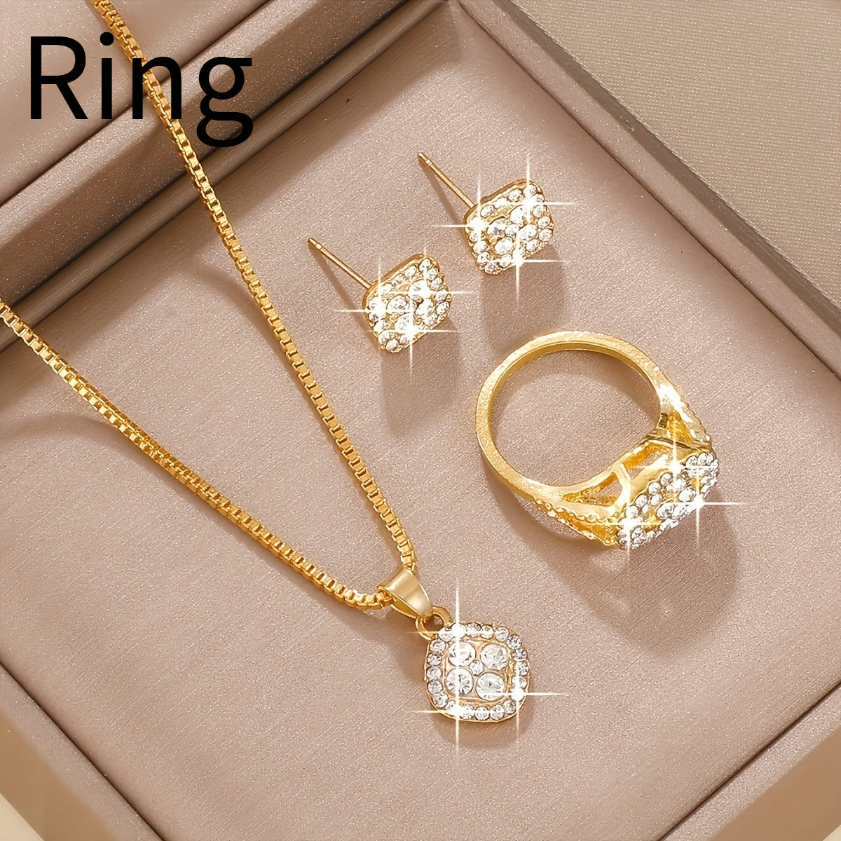 Light Luxury Diamond All-match Necklace Ring Three-piece Earrings Set