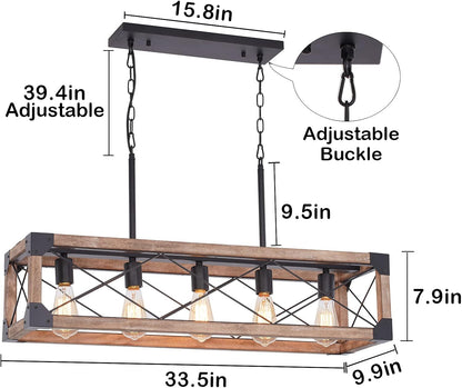 5 Lights Farmhouse Wood Linear Chandelier