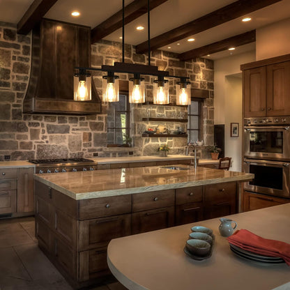 Farmhouse Rustic Wood Linear Chandelier with Clear Glass Shade