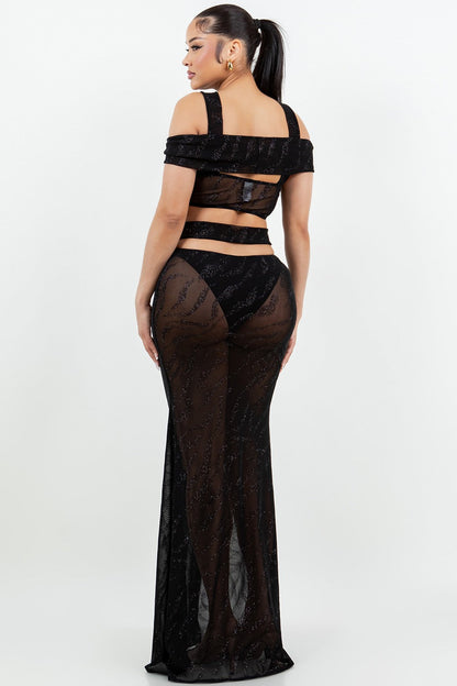 Mesh Glitter Resort Wear Beach Summer Black Skirt Set