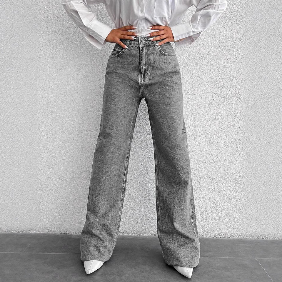 Silver-gray Straight-leg Womens Springfall Denim Jeans With A Draped Versatile Fit High Waist And Slimming Effect