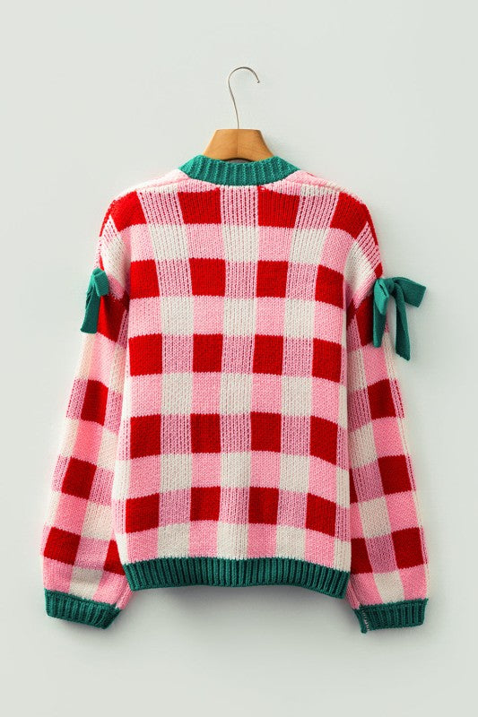 Christmas Plaid Bow Open Front Sweater Knit Cardigan