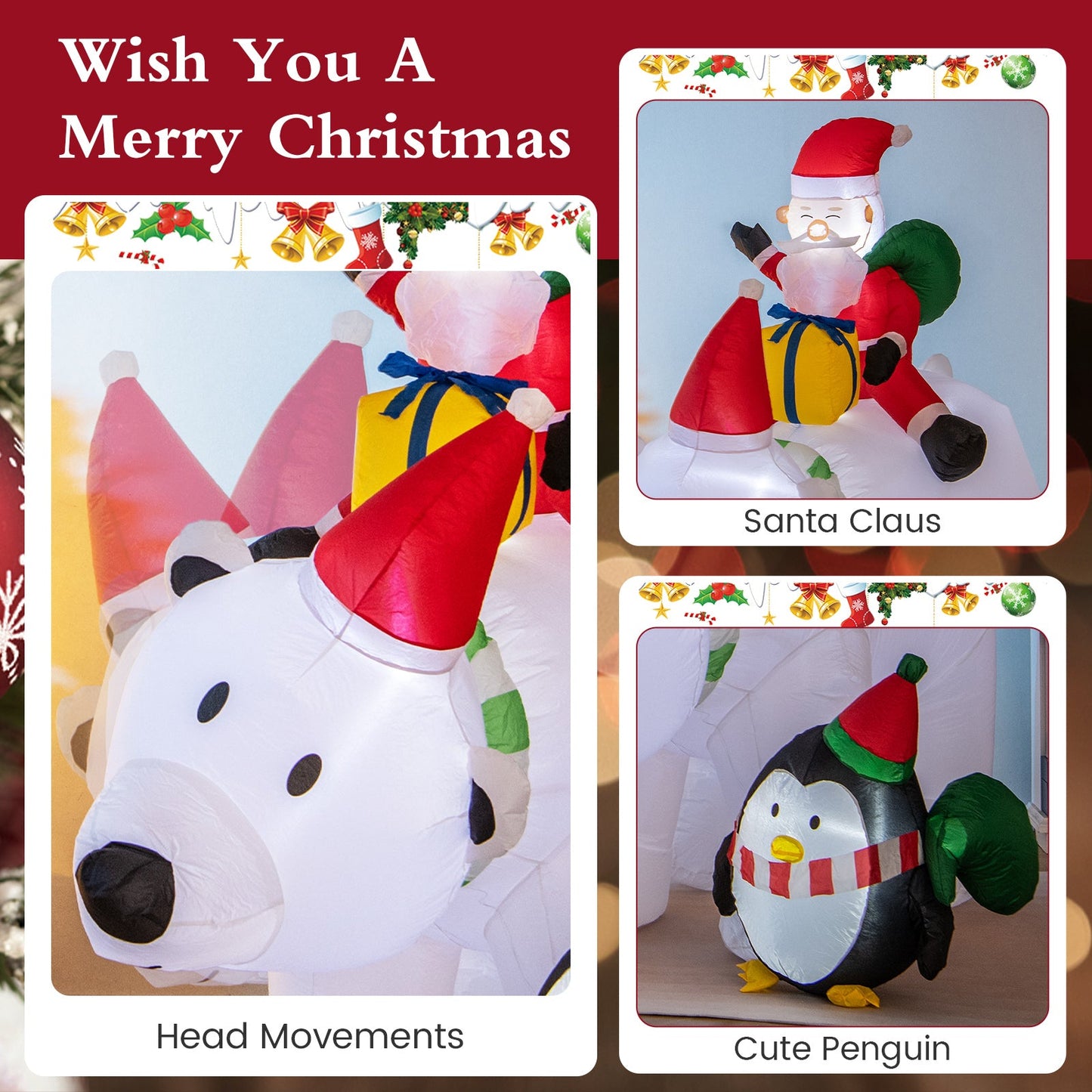 7 Feet Inflatable Santa Claus Riding Bear with Penguin Gift Bags and Gift Box