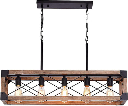 5 Lights Farmhouse Wood Linear Chandelier