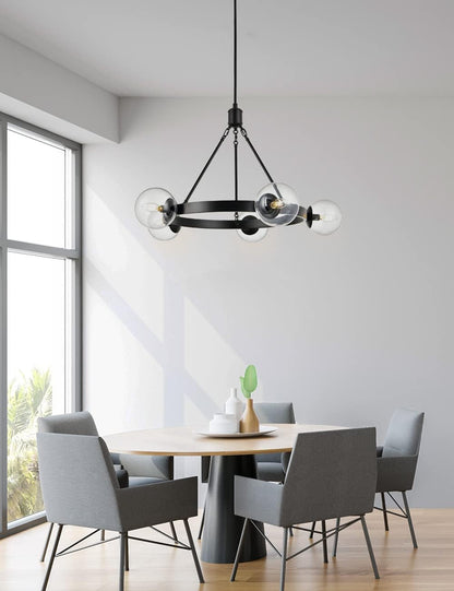 5 Light Black Globe Wagon Wheel Chandelier