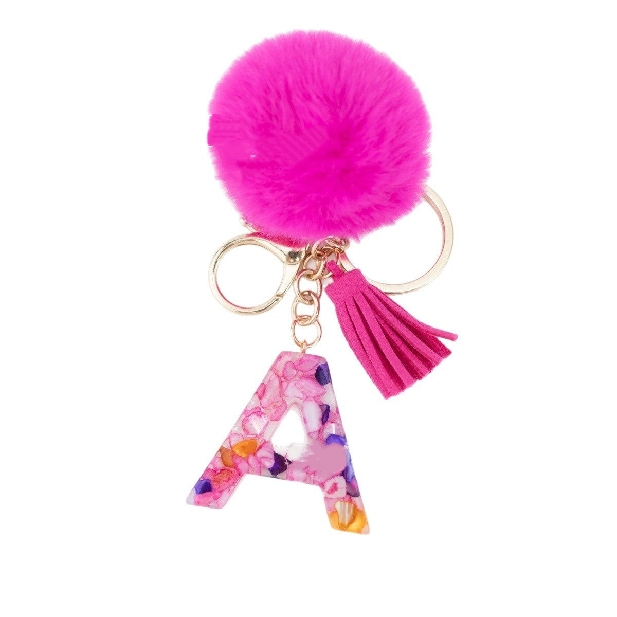 Rose Red Stone 26 English Letters Keychain Fur Ball Tassel Key Bag Pendant