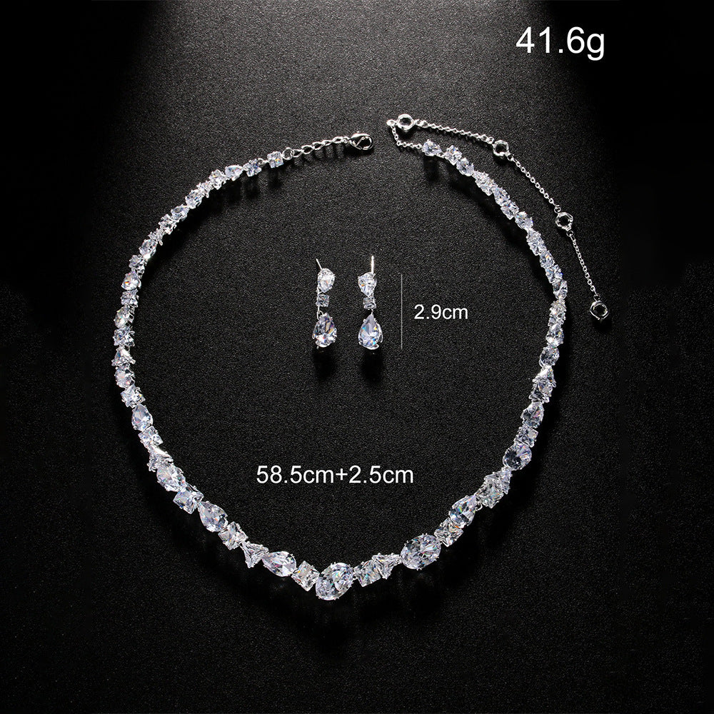Simple Full Rhinestone Zircon Necklace And Earrings Suite
