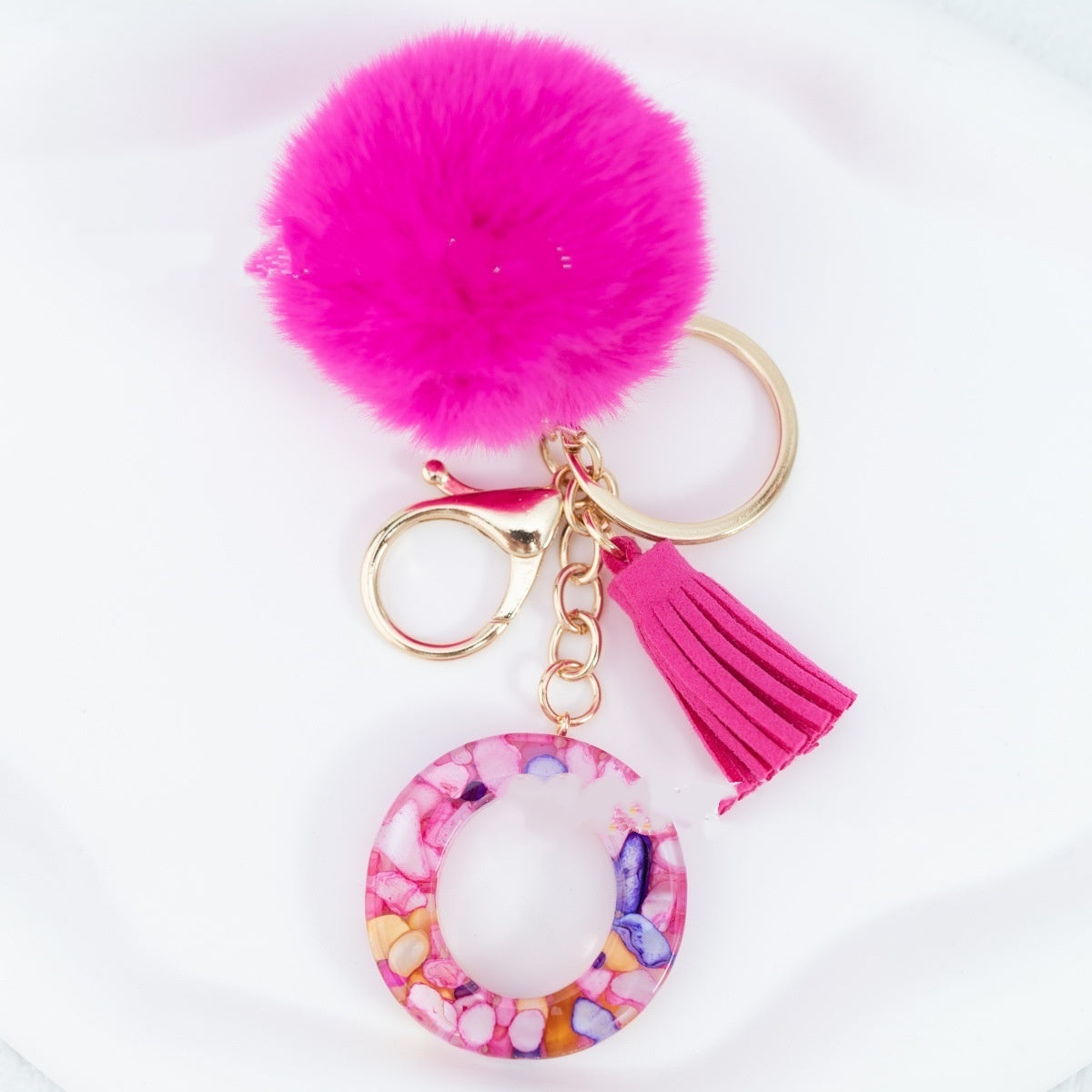 Rose Red Stone 26 English Letters Keychain Fur Ball Tassel Key Bag Pendant