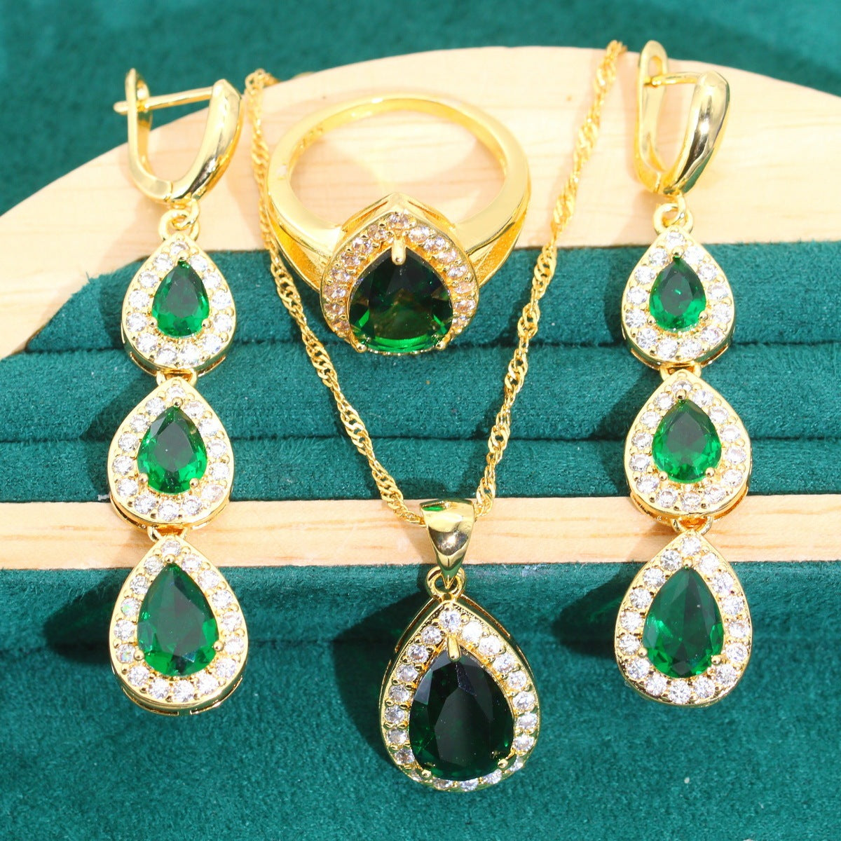 Blue Water Drop Zircon Necklace Earring Ring Bracelet 3-piece Set