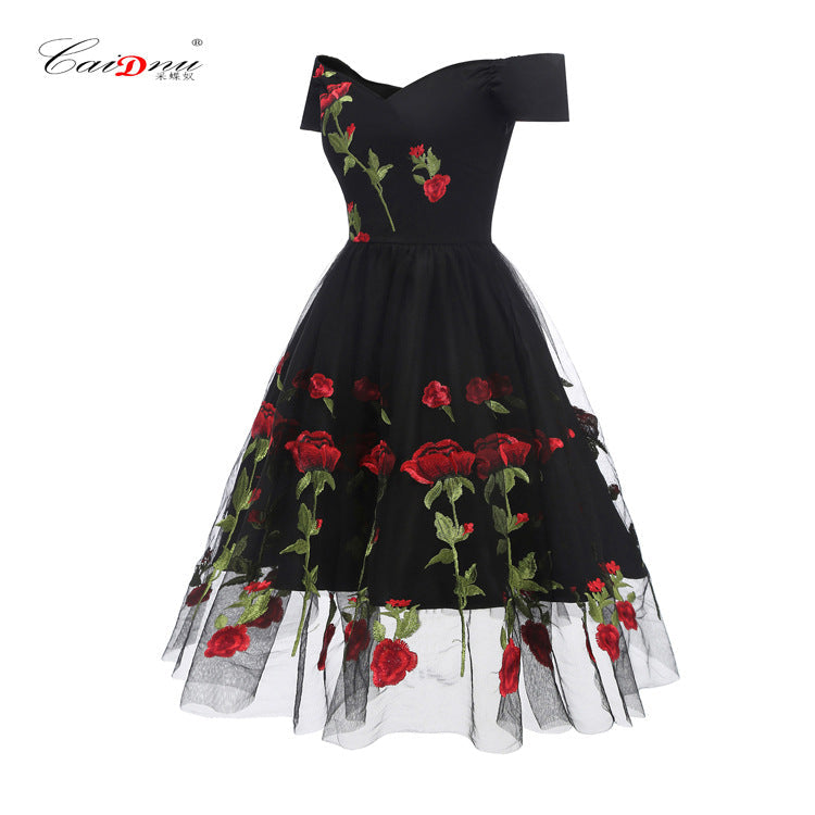 Party Dress Embroidered Rose Lace Mesh Dresses