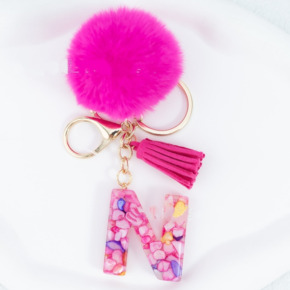 Rose Red Stone 26 English Letters Keychain Fur Ball Tassel Key Bag Pendant