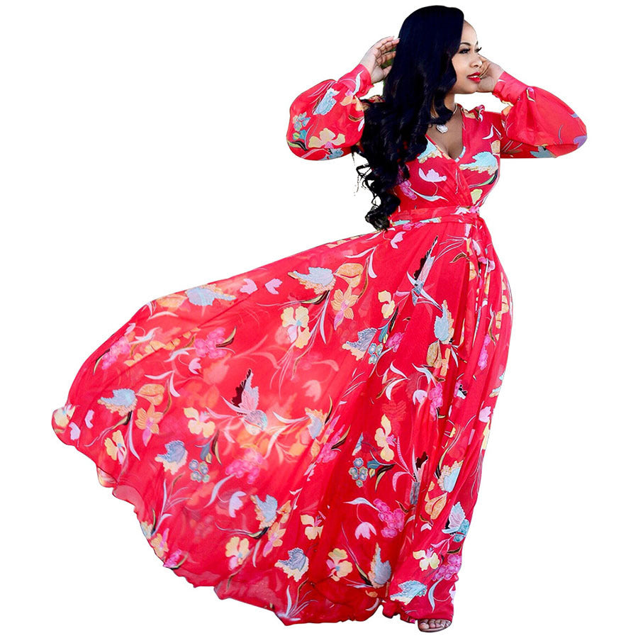 Women's Beach Chiffon Dress Flower Print Fashion Dresses