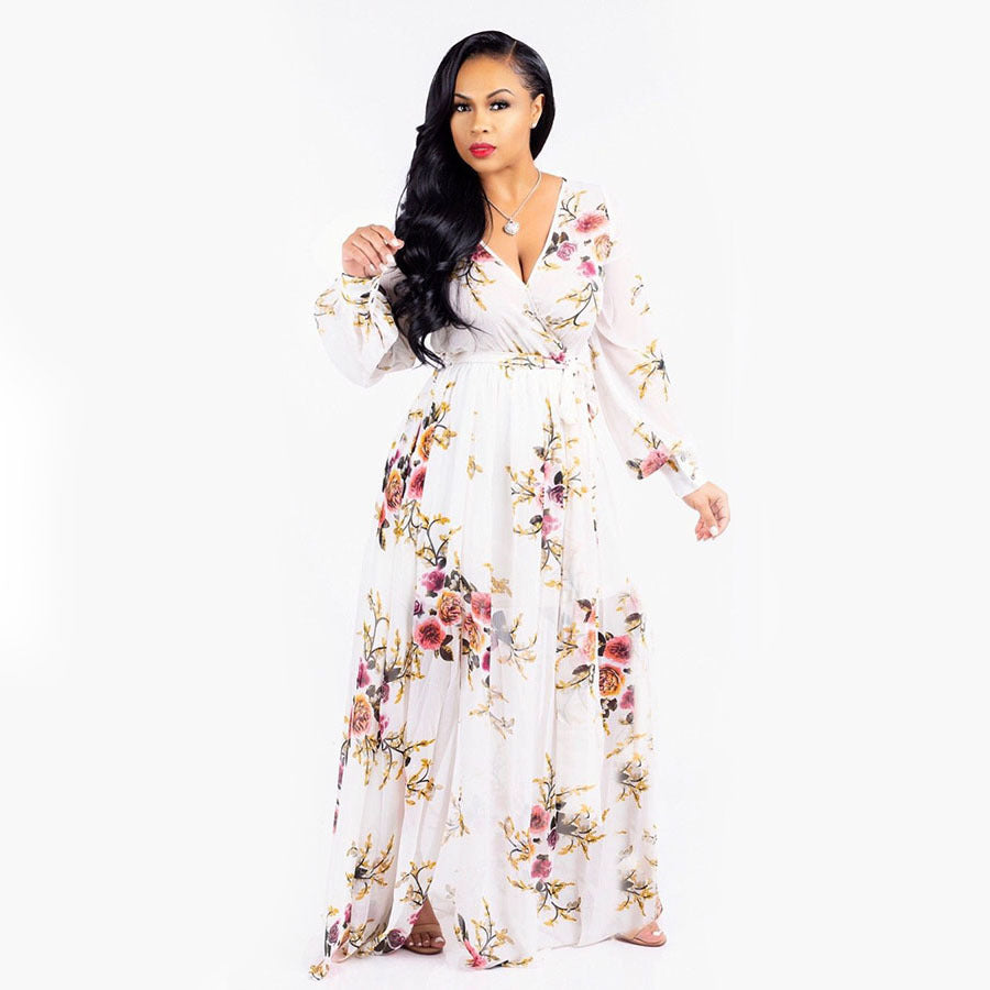 Women's Beach Chiffon Dress Flower Print Fashion Dresses