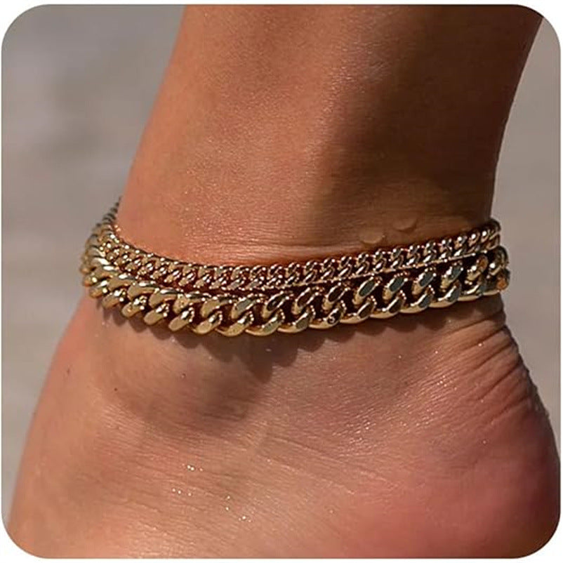Simple Fashion Double Layer Cuban Link Chain Anklet