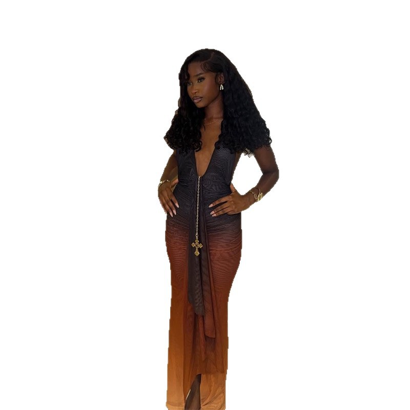 Womens Bold-Color Chic Sexy Deep-V Backless Bodycon Dress