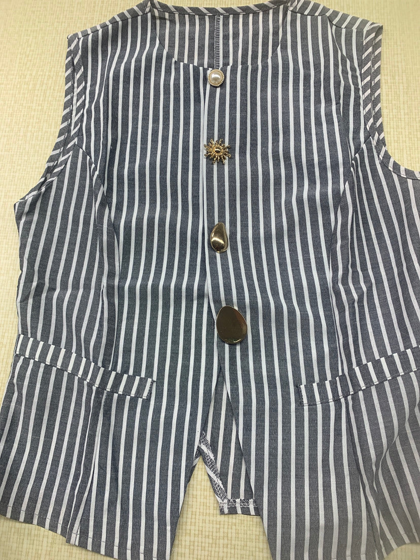 Striped Single-Breasted Vest Fashionable Round-Neck Irregular-Button Tank Top