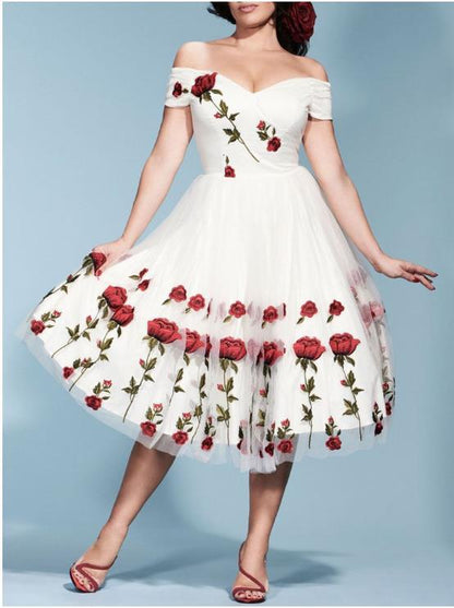 Party Dress Embroidered Rose Lace Mesh Dresses